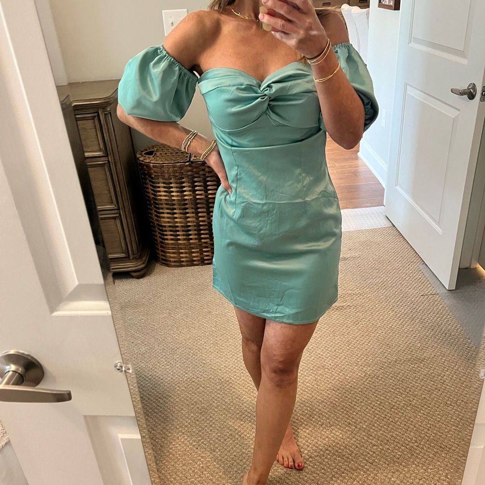 Nasty gal teal satin puff sleeve off the shoulder dress